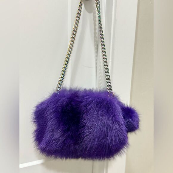 Purple Handmade Dyed Silver Fox Fur Camera Bag/Crossbody & 3 Strap Styles - Picture 6 of 17